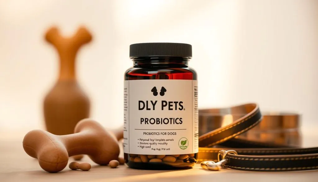 A beautifully lit close-up of a jar of DLY Pets probiotics for dogs, set against a soft, natural background. The jar is prominently displayed, showcasing the product's sleek, modern design with a minimalist label. The lighting creates a warm, inviting atmosphere, highlighting the high-quality ingredients through the translucent glass. In the background, a blurred array of dog-related items, such as a chew toy, a leash, and a bowl, creates a sense of context and relevance to the product's purpose. The overall composition conveys a sense of quality, health, and convenience for the dog owner.
