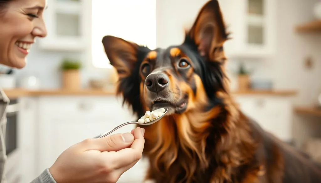 A cheerful, well-lit scene of a pet owner gently administering dog probiotics to their furry companion. In the foreground, a smiling human holds a small spoon filled with a probiotic supplement, approaching a curious, attentive dog. The dog's expression is alert and inquisitive, its ears perked forward. The middle ground features a clean, domestic setting, perhaps a kitchen or living room, with warm, natural lighting illuminating the interaction. The background blurs softly, creating a sense of comfort and intimacy. The overall mood is one of care, trust, and the pet owner's dedication to their dog's well-being.