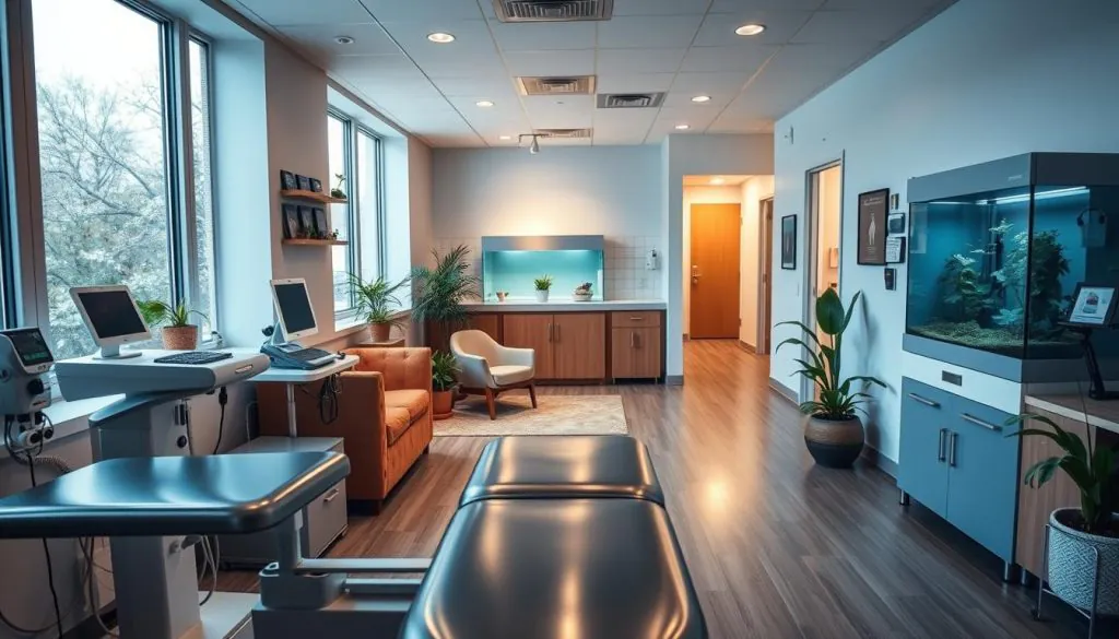 A clean, calming veterinary clinic interior with a warm, natural aesthetic. Soft, diffused lighting from large windows illuminates a welcoming reception area with wooden furnishings and potted plants. In the foreground, a gleaming, stainless-steel exam table is flanked by modern medical equipment. The middle ground features a cozy waiting area with plush, upholstered seating and a tranquil aquarium. In the background, a hallway leads to treatment rooms, hinting at the professional care and attention to detail that pervades the space. An atmosphere of cleanliness, comfort, and holistic wellness pervades the scene, reflecting the philosophy of the "clean care" approach.