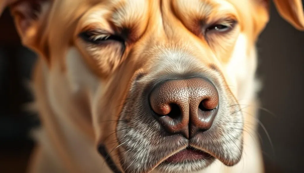 A close-up of a dog's face with a sensitive, pained expression, its eyes slightly squinted and brow furrowed. The dog's snout is slightly opened, revealing a soft, moist nose. The fur around the dog's muzzle appears a bit dull and disheveled, hinting at digestive discomfort. The background is blurred, keeping the focus on the dog's face, illuminated by warm, natural lighting from the side, casting gentle shadows that accentuate the dog's features. The overall mood is one of concern and empathy, highlighting the signs of a sensitive stomach in the canine subject.
