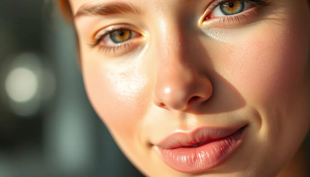 A close-up of healthy, glowing skin on a human face, illuminated by soft, natural lighting. The skin appears smooth, radiant, and free of blemishes or imperfections. The image focuses on the forehead, cheeks, and nose, capturing the vibrant, youthful complexion. The lighting is diffused, creating a warm, inviting atmosphere, highlighting the skin's natural luminosity. The depth of field is shallow, keeping the focus on the central area of the face while subtly blurring the background. The overall impression is one of vitality, nourishment, and the benefits of high-quality, whole-food-based skincare products.