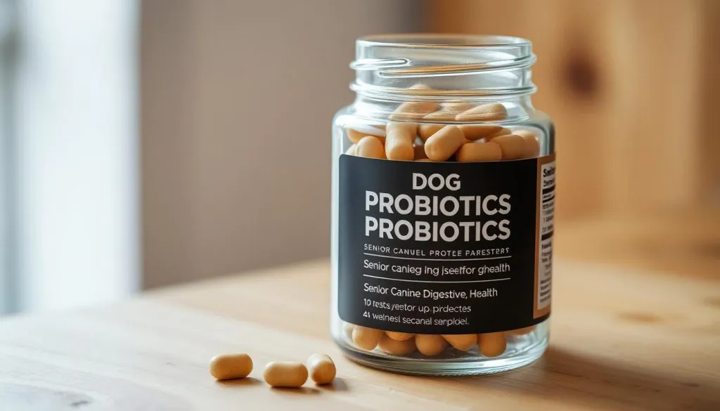 A close-up photograph of a glass jar filled with dog probiotics supplements, resting on a natural wood surface. The jar has a clean, modern label highlighting the key ingredients and benefits for senior canine digestive health. The lighting is soft and diffused, illuminating the textured glass and casting subtle shadows. The background is blurred, keeping the focus on the jar's contents and design. The overall mood is calming, informative, and evocative of a wellness-focused, premium pet product.