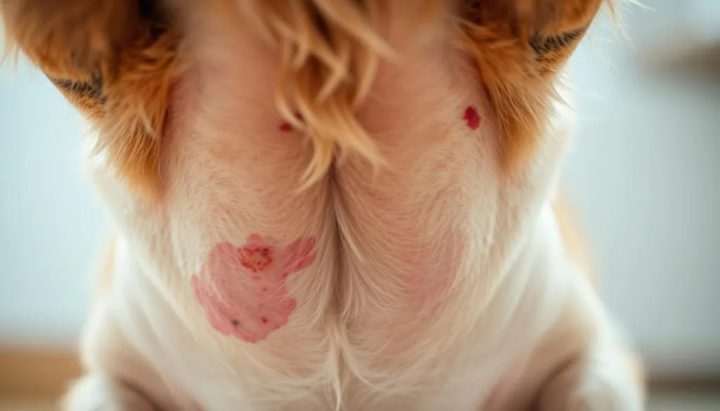 A close-up shot of a dog's belly, showcasing visible signs of digestive distress. The skin is slightly reddened, with a few patches of irritation and discoloration. The fur appears slightly disheveled, hinting at potential abdominal discomfort. The lighting is soft and diffused, creating a warm, empathetic atmosphere that draws the viewer's attention to the dog's subtle expressions. The focus is sharp, allowing for detailed observation of the gut-related symptoms, while the background is gently blurred, keeping the emphasis on the dog's abdomen. The overall mood is one of concern and the desire to better understand the animal's health needs.