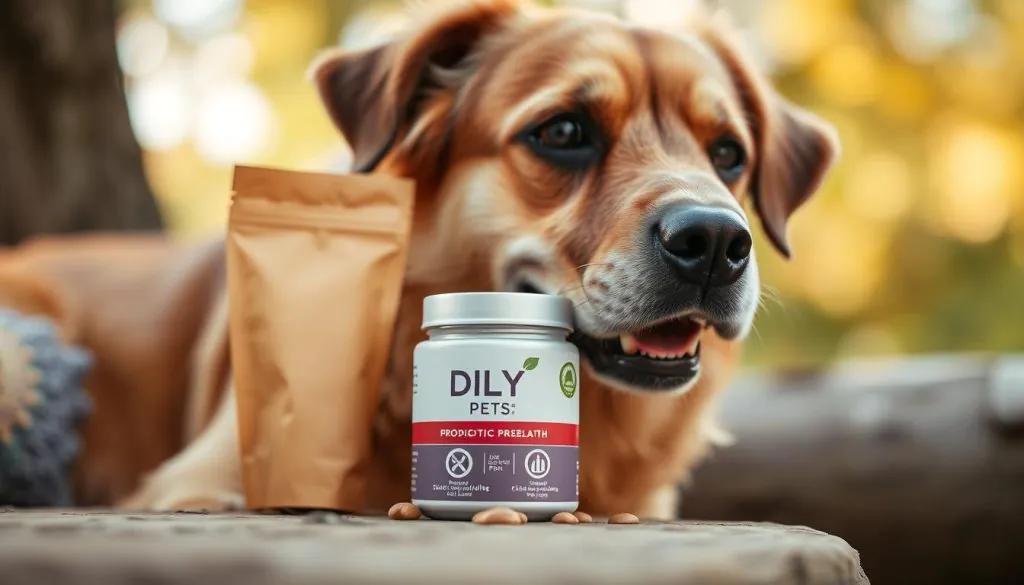 A close-up shot of a senior dog enjoying a DLY Pets probiotic supplement, set against a warm, natural backdrop. The dog's fur has a healthy sheen, and its eyes are bright and alert, conveying a sense of vitality. The product packaging is prominently displayed, showcasing the DLY Pets brand and highlighting its focus on supporting senior canine gut health. Soft, diffused lighting illuminates the scene, creating a calming and inviting atmosphere. The composition places the dog and the product at the center, drawing the viewer's attention to the key elements of the image.