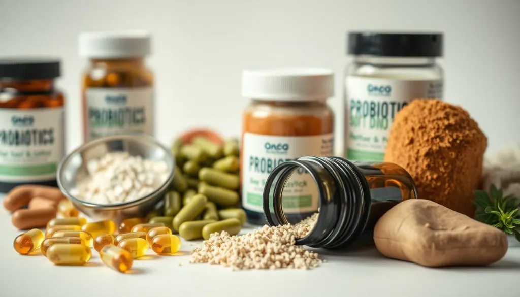 A close-up shot of a variety of dog probiotics supplements, including capsules, soft chews, and powders, arranged neatly on a clean, white background. The lighting is soft and diffused, creating a warm, inviting atmosphere. The camera angle is slightly elevated, giving a sense of focus and attention to the subject matter. The probiotics are depicted in a range of colors, from earthy browns to vibrant greens, showcasing the diversity of the products. The overall composition is balanced and visually appealing, highlighting the importance and benefits of these supplements for canine health and well-being.