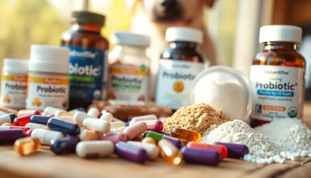 A close-up shot of various probiotic supplements for dogs, arranged on a natural, wooden surface. The foreground features a variety of capsules, tablets, and powders in different colors and sizes, suggesting a range of probiotic strains and formulations. The middle ground showcases a few transparent bottles or jars, allowing a glimpse of the probiotic-rich contents. The background is softly blurred, creating a sense of focus on the supplements. Warm, natural lighting bathes the scene, casting gentle shadows and highlighting the textures of the products. The overall mood is one of health, purity, and a commitment to natural gut-boosting solutions for canine companions.