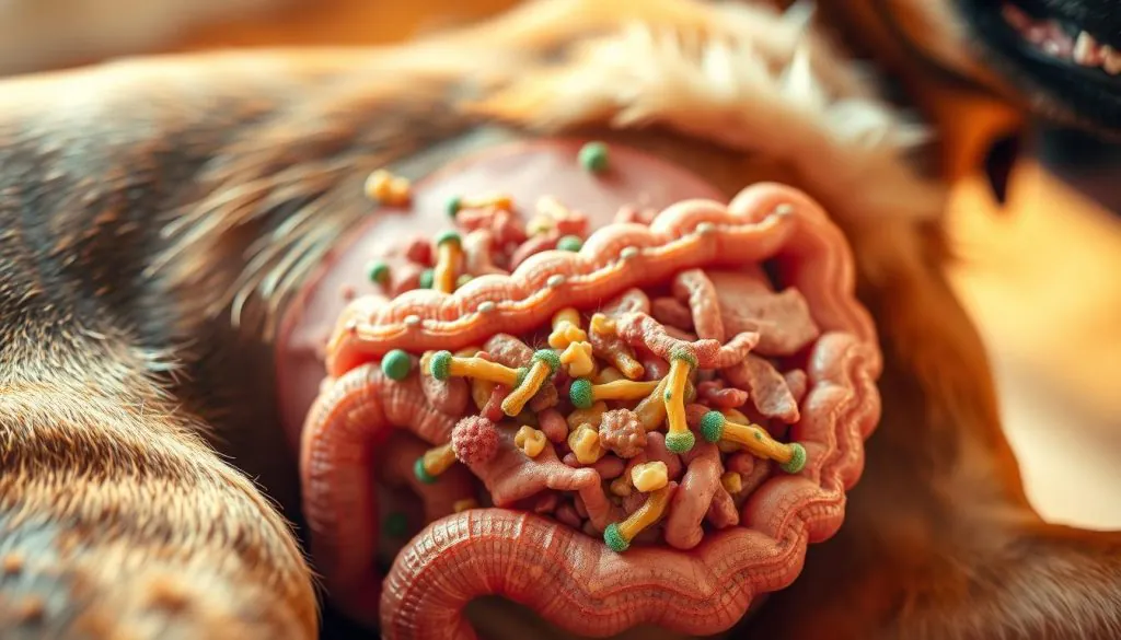 A close-up view of a dog's digestive system, showcasing a healthy and balanced gut microbiome. The foreground depicts a vibrant and diverse array of gut flora, including beneficial bacteria, enzymes, and other essential microorganisms. The middle ground features a cross-section of the dog's intestines, revealing their intricate structure and the dynamic interactions between the gut lining and the microbiome. The background is softly blurred, creating a sense of depth and focus on the key elements. The lighting is warm and natural, casting a gentle glow on the scene, conveying a sense of harmony and well-being. The overall composition is visually striking, highlighting the importance of gut health for a dog's overall wellness.