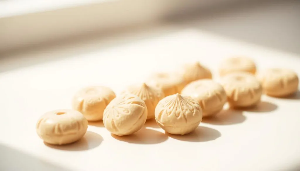 A closeup shot of several small, round probiotic chews in natural daylight. The chews have a light tan color and a subtly textured surface, reflecting their whole food, plant-based ingredients. They are arranged neatly on a minimalist, off-white surface, creating a sense of calm and simplicity. The lighting is soft and even, illuminating the chews from above, casting gentle shadows below. The background is blurred, keeping the focus on the product. The composition is balanced and the overall mood is one of purity, health, and daily wellness.