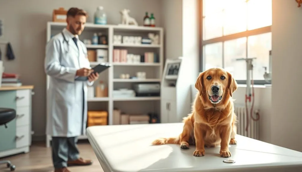 A cozy veterinary office interior, with a well-lit examination table in the foreground. On the table, a friendly golden retriever sits patiently, its attentive gaze fixed on the veterinarian standing nearby. The veterinarian, dressed in a crisp white lab coat, holds a clipboard and gestures expressively, conveying a sense of earnest professionalism and care. In the background, shelves filled with pet care products and medical equipment suggest the expertise and authority of the space. Soft, natural lighting filters in through a large window, creating a warm, welcoming atmosphere that puts both the pet and its owner at ease.