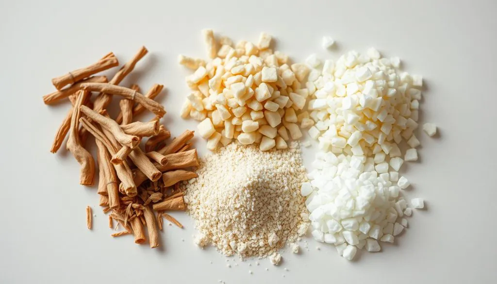 A crisp, well-lit close-up shot of various prebiotics for dogs, including chicory root, beet pulp, and fructooligosaccharides (FOS), neatly arranged on a clean, neutral-colored surface. The ingredients are presented with a sense of simplicity and clarity, allowing their natural textures and colors to shine. The lighting is soft and diffused, creating a warm, inviting atmosphere that emphasizes the healthful, natural properties of the prebiotics. The camera angle is slightly elevated, providing a slightly birds-eye view that gives the image a sense of clinical precision while maintaining a touch of approachability. The overall composition is balanced and harmonious, drawing the viewer's attention to the key ingredients and their potential benefits for canine health and wellbeing.