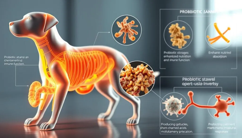 A detailed 3D diagram depicting the key mechanisms by which probiotics work in dogs. In the foreground, a canine digestive system with highlighted gut microbiome components, showcasing the interactions between probiotic bacteria and the host. In the middle ground, microscopic views of probiotic strains colonizing the intestinal lining, enhancing nutrient absorption and immune function. In the background, molecular-level illustrations of probiotic metabolic pathways, producing beneficial short-chain fatty acids and modulating inflammatory responses. Rendered in a clean, technical style with soft lighting and depth of field, conveying a sense of scientific understanding and practical application.