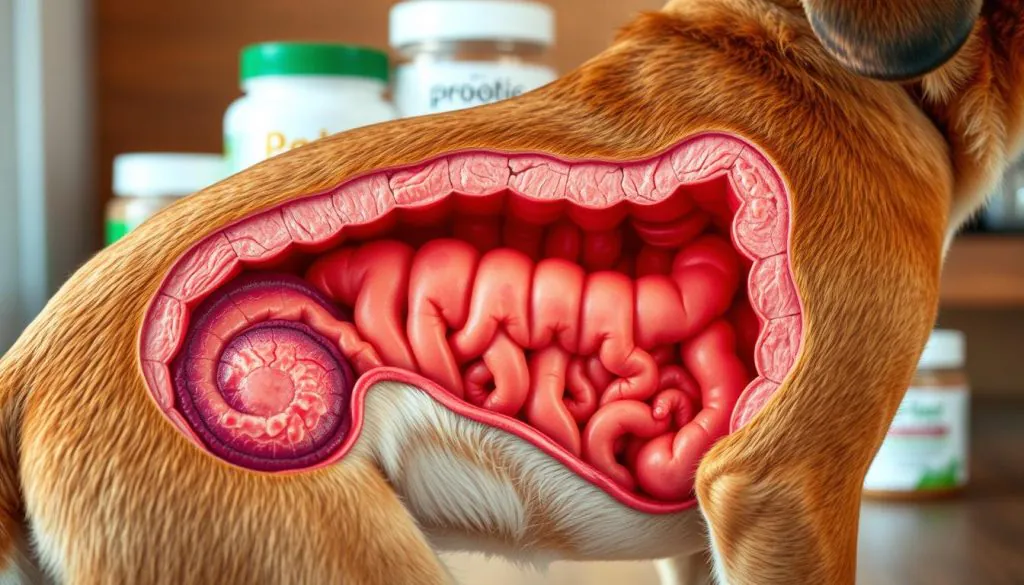 A detailed cross-section of a dog's digestive system, showcasing the intricate network of the gut. In the foreground, a vibrant and healthy intestinal tract, featuring the various layers of the gut wall, including the mucosa, submucosa, and muscularis. The middle ground highlights the intricate web of blood vessels and lymphatic tissue, representing the critical role of the gut in immune function. In the background, a softly blurred representation of probiotic and prebiotic supplements, symbolizing their importance in supporting gut health and overall wellbeing. The scene is bathed in a warm, natural lighting, creating a sense of depth and emphasizing the delicate balance of the canine digestive system.