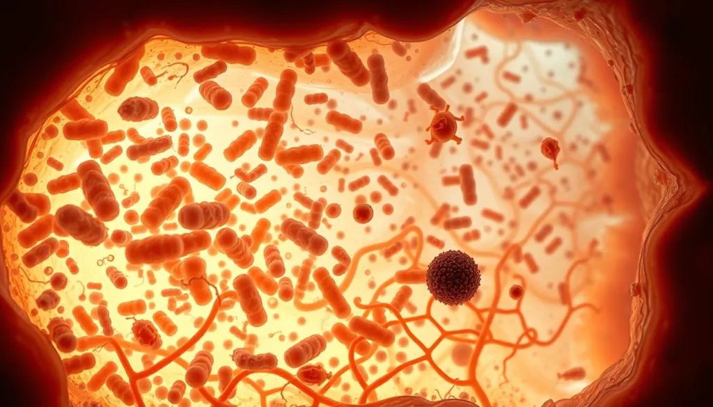 A detailed cross-section of a dog's gut, illuminated by soft, directional lighting. The foreground features a vibrant array of diverse gut bacteria, each with distinct shapes, sizes, and textures, swimming amidst a swirling, semi-transparent matrix. The middle ground showcases the intricate network of intestinal villi, delicately branching out to maximize surface area for nutrient absorption. In the background, the gut wall's intricate mucosal lining is visible, with its protective layer of mucus and immune cells. The overall scene conveys a sense of the dynamic, symbiotic relationship between the host and its microbial inhabitants, essential for maintaining a healthy, balanced canine digestive system.