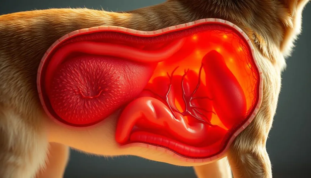 A detailed cross-section of a dog's gut, showcasing its intricate inner workings. The foreground depicts the mucosal lining, teeming with beneficial bacteria and enzymes that aid in digestion. The middle ground features the intestinal walls, with their network of blood vessels and lymphatic channels. In the background, the abdominal cavity is bathed in warm, diffused lighting, creating a serene and informative atmosphere. The scene is rendered with a surgical precision, allowing the viewer to appreciate the critical role of gut health in a dog's overall wellbeing.