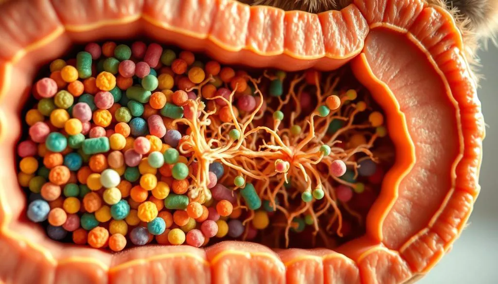 A detailed cross-section of a dog's gut, showcasing the intricate relationship between prebiotics and probiotics. In the foreground, colorful probiotic bacteria thrive, their shapes and sizes varied. In the middle ground, intricate networks of prebiotic fibers provide nourishment, connecting the bacteria to the gut lining. The background depicts the gut's anatomy, with villi and crypts visible, all bathed in a warm, natural lighting that highlights the dynamic ecosystem. The scene conveys the harmonious balance necessary for optimal canine gut health, inviting the viewer to explore the delicate symbiosis at play.