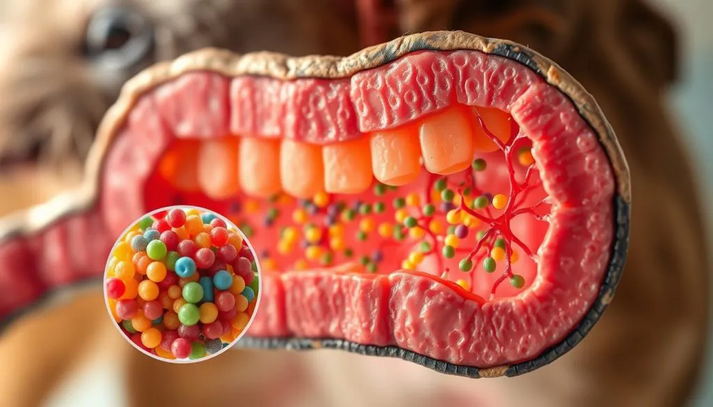 A detailed cross-section of a healthy dog's gut microbiome, showcasing the diverse array of beneficial bacteria that support immunity and energy levels. The foreground features a magnified view of the intestinal lining, with vibrant, colorful microorganisms thriving in a harmonious ecosystem. The middle ground reveals the intricate network of microvilli and crypts that facilitate nutrient absorption, while the background depicts the gut's intricate blood vessel system and connective tissue. Warm, natural lighting illuminates the scene, conveying the vital importance of this delicate, living system. Captured with a high-resolution, macro lens to emphasize the complexity and beauty of this essential canine physiological feature.