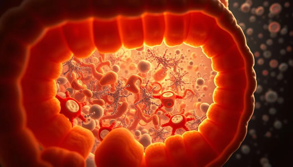 A detailed cross-section of a puppy's intestinal tract, showcasing the intricate network of digestive organs, microbiome, and immune cells. The foreground depicts the intestinal lining, with villi and microvilli visible under a high-magnification microscope lens. The middle ground highlights the diverse gut bacteria, both beneficial and pathogenic, thriving in the nutrient-rich environment. In the background, lymphoid follicles and immune cells, such as T cells and B cells, are shown actively monitoring and responding to the gut's microbiome. The lighting is warm and soft, creating a sense of scientific exploration and discovery. The overall mood is one of curiosity and understanding of the vital role the gut plays in a puppy's development and health.