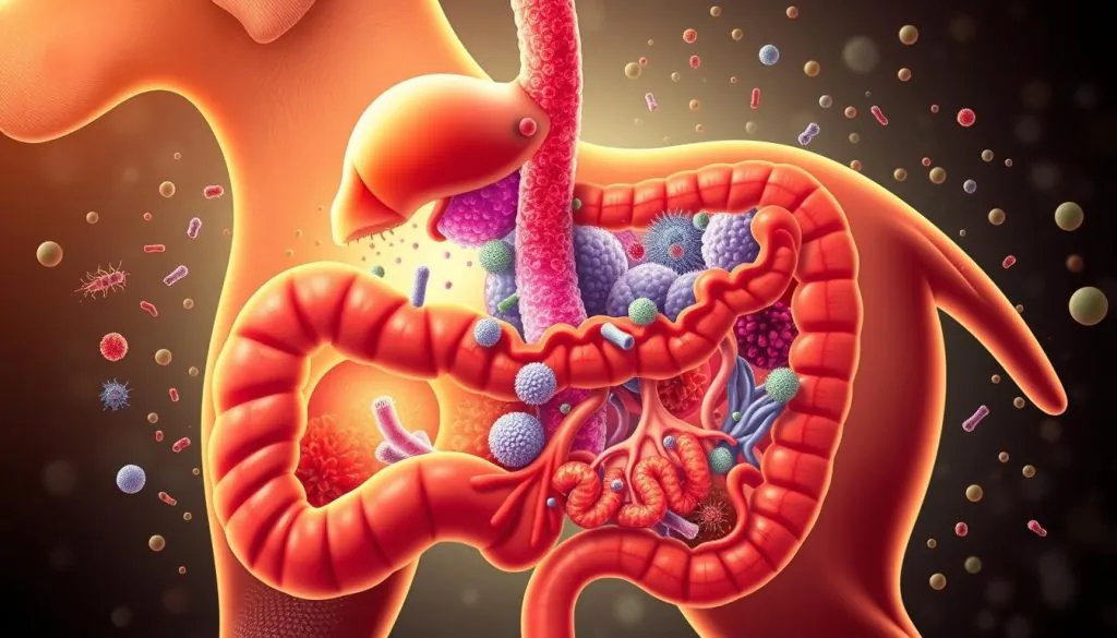 A detailed, cross-sectional illustration of a healthy canine digestive system, showcasing the vibrant, well-balanced gut microbiome. Visually depict the crucial role of probiotics in supporting an aging dog's intestinal flora, with a warm, inviting color palette and a sense of balance and vitality. Capture the microscopic diversity of gut bacteria, interwoven with the anatomy of the stomach, intestines, and colon, all bathed in a soft, natural lighting that emphasizes the harmonious integration of these elements. Render this scene with a medium-wide angle lens, creating a sense of depth and emphasis on the interconnected nature of gut health. Convey a mood of scientific exploration and appreciation for the complexities of canine digestion.