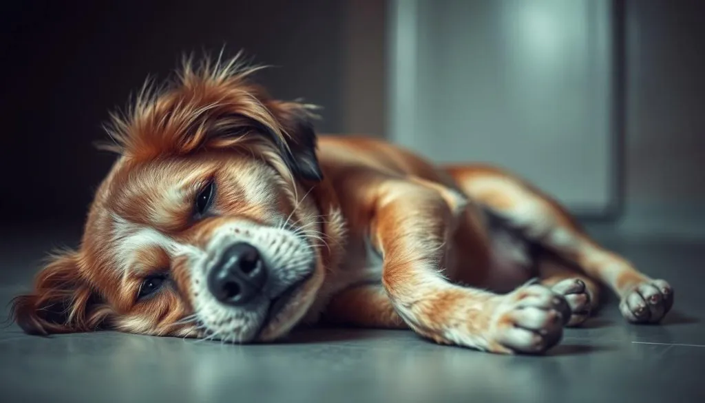 A dog lying on its side, with a pained expression, surrounded by a hazy, muted environment. The foreground features the dog's body, with disheveled fur and an unsettled posture, suggesting discomfort or distress. The middle ground includes a blurred, clinical-looking backdrop, hinting at a medical setting. The background is dimly lit, creating a subdued, uneasy atmosphere. The lighting is soft and diffused, casting gentle shadows that add depth and texture to the scene. The overall composition conveys a sense of concern and the potential side effects that may arise in the context of pet health.