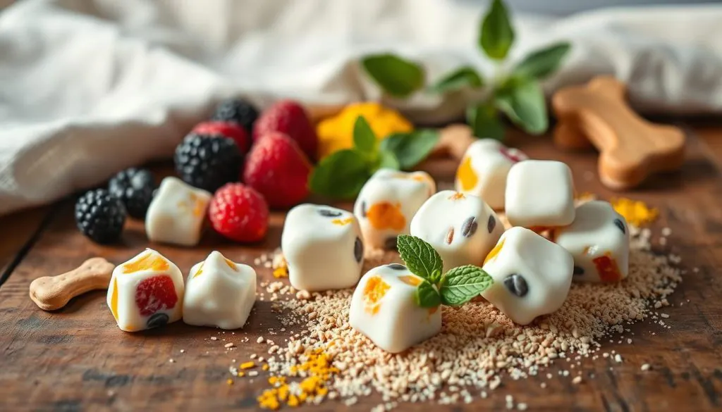 A frozen homemade probiotic and prebiotic treat for dogs, artfully arranged on a rustic wooden surface. In the foreground, bite-sized nuggets of yogurt, kefir, and pureed vegetables rest atop a dusting of ground flaxseed and turmeric. The middle ground showcases fresh berries, mint leaves, and a few dog biscuits, while the background features a natural linen cloth and a subtle vignette effect, creating a warm, inviting atmosphere. Soft, natural lighting casts gentle shadows, highlighting the textures and colors of this nutritious, gut-health-boosting canine delight.