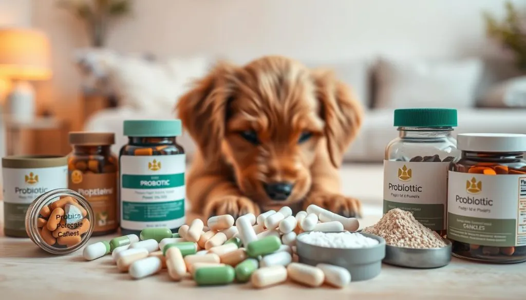 A high-quality, close-up image of assorted probiotic supplements for puppies. The foreground features an arrangement of various probiotic capsules, tablets, and powders in shades of white, green, and brown, neatly displayed on a light wooden surface. The middle ground showcases a healthy, happy puppy sniffing curiously at the supplements, its fur a soft, fluffy brown. The background is slightly blurred, but depicts a cozy, welcoming home environment with warm lighting and soothing pastel tones, creating a sense of comfort and care. The overall composition conveys the importance of probiotics for puppies' health and well-being.