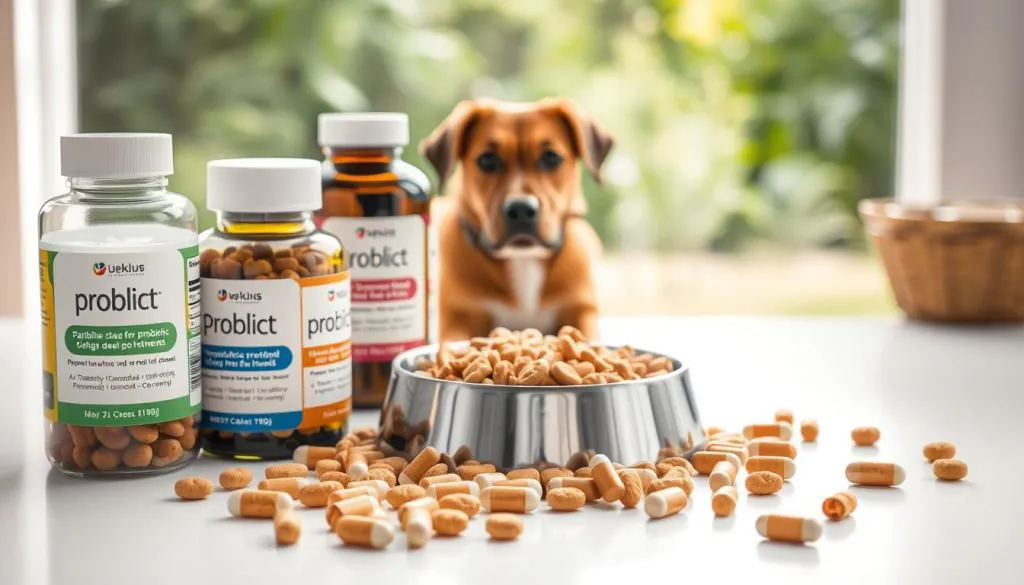 A high-quality probiotic supplement for dogs, meticulously arranged on a clean, bright surface. In the foreground, glass bottles filled with a variety of probiotic strains, their labels prominently displayed. In the middle ground, a dog bowl filled with dry kibble, surrounded by scattered capsules and tablets. In the background, a serene, natural setting with lush greenery and soft, diffused lighting, creating a calming, trustworthy atmosphere. The overall composition conveys the importance of choosing a well-researched, effective probiotic for canine health and wellness.