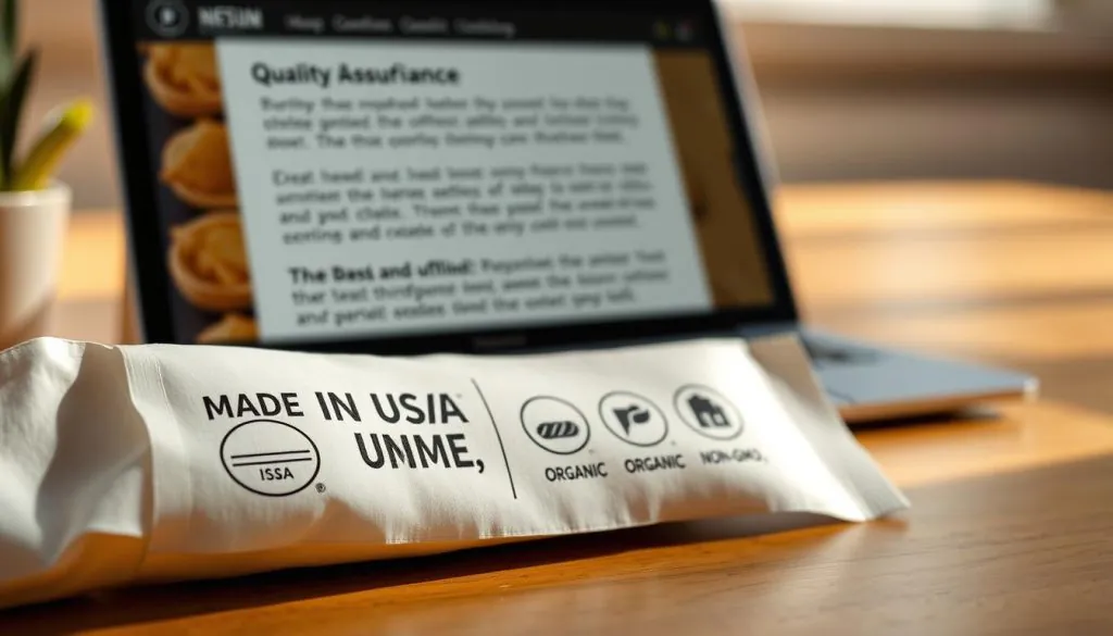 A high-quality product label resting on a wooden surface, illuminated by soft, natural light. The label features clear, legible text highlighting key quality indicators such as "Made in USA," "Organic," and "Non-GMO." The design is clean and minimalist, with subtle textures and a matte finish. In the background, a laptop or tablet displays a website showcasing detailed information about the product's ingredients, manufacturing process, and third-party certifications. The overall atmosphere conveys a sense of transparency, trustworthiness, and attention to quality assurance.