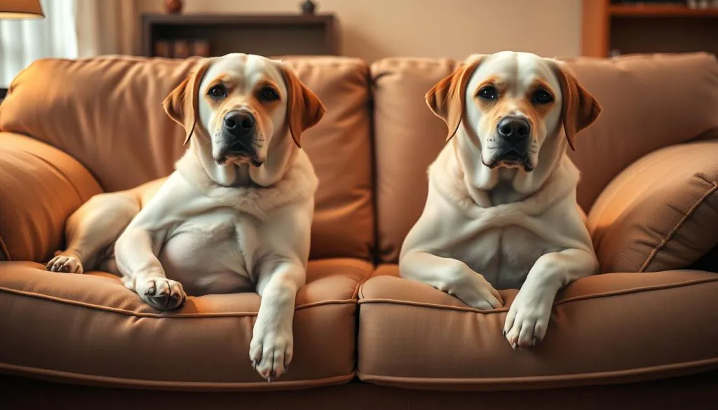 A pair of adorable Labrador Retrievers resting on a plush, tan-colored couch, their bellies slightly bloated and expressions slightly uncomfortable, suggesting gastrointestinal distress. The living room is bathed in warm, soft lighting, creating a cozy, relatable atmosphere. The dogs' postures and body language convey a sense of mild discomfort, with one dog's tail tucked slightly and the other's ears pulled back slightly. The scene is captured at a medium angle, allowing the viewer to empathize with the dogs' experience of digestive issues.
