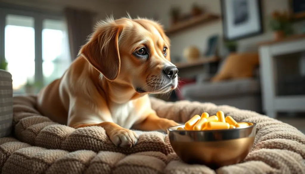 A senior dog sitting on a soft, cozy dog bed, looking intently at a bowl filled with high-quality probiotic supplements. The dog's expression is one of curiosity and anticipation, its coat gleaming with a healthy shine. The scene is set in a well-lit, inviting home environment, with natural lighting filtering in through a nearby window. The background is blurred, keeping the focus on the dog and the probiotic product. The overall mood is one of calm, comfort, and the promise of improved digestive health for the senior canine.
