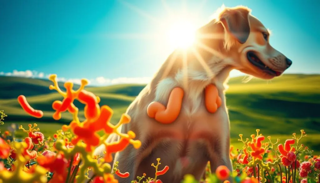A serene, sunlit scene depicting a dog's digestive tract in perfect harmony. In the foreground, vibrant, healthy gut bacteria thrive, their vibrant colors and flowing shapes suggesting balance and comfort. The middle ground features the dog's abdomen, its contours smooth and relaxed, conveying a sense of inner peace. In the background, a soothing landscape of rolling green hills and a clear blue sky, suggesting the overall well-being of the canine companion. Soft, diffused lighting bathes the scene, creating a warm, inviting atmosphere. The composition is carefully balanced, with the elements working together to convey the concept of digestive wellness and daily comfort.