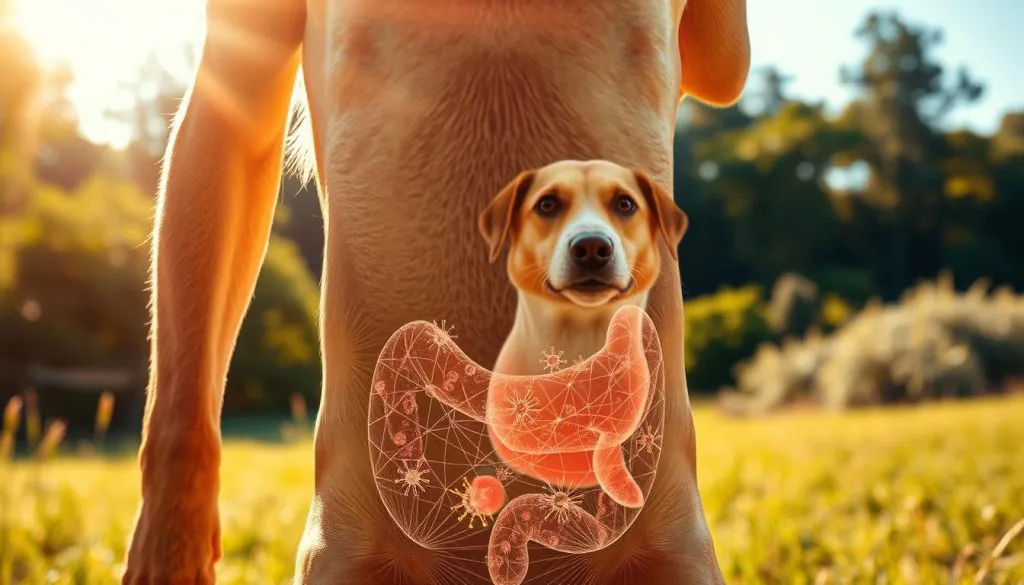 A serene, sunlit scene depicting the interplay between gut health, behavior, and the immune system. In the foreground, a dog's midsection is highlighted, with a translucent overlay showcasing the intricate connections between the gut microbiome and the body's defense mechanisms. The middle ground features the dog's expressive face, radiating a sense of calm and wellbeing. In the background, a lush, verdant landscape evokes the natural balance of a healthy ecosystem. Warm, diffused lighting casts a gentle glow, emphasizing the harmonious relationship between the dog's physical and mental state. Captured with a wide-angle lens, the composition conveys a holistic perspective on the gut-behavior-immune axis.