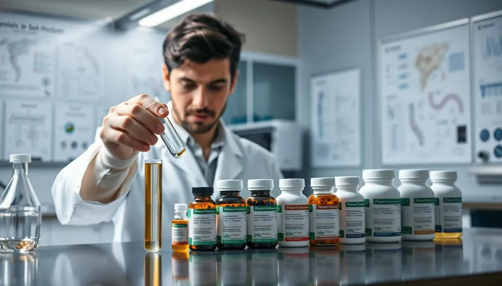 A sterile, well-lit laboratory setting with modern equipment and glassware. In the foreground, a scientist in a white lab coat examines a test tube filled with a probiotic solution, a thoughtful expression on their face. The middle ground showcases various probiotic supplements, neatly arranged on a clean, stainless steel counter. The background features medical charts and diagrams, providing a sense of scientific authority and expertise. The overall mood is one of professionalism, safety, and diligent research, reflecting the importance of understanding the potential side effects and proper usage of probiotics for canine health.