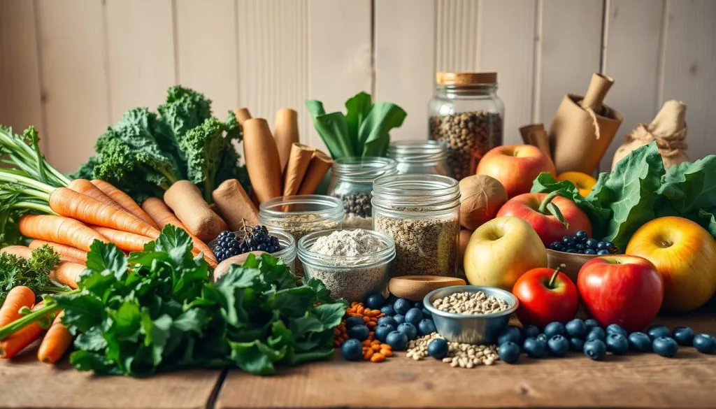 A still-life arrangement of fresh, organic ingredients on a rustic wooden table, illuminated by warm, natural lighting. In the foreground, an assortment of whole vegetables and fruits, such as carrots, kale, apples, and blueberries, arranged with care. In the middle ground, glass jars or containers filled with powders, seeds, and other supplements, conveying a sense of purity and quality. The background features a simple, uncluttered setting, allowing the natural textures and colors of the ingredients to take center stage. The overall composition exudes a sense of authenticity, inviting the viewer to appreciate the wholesome, real-world elements that contribute to a healthy lifestyle.