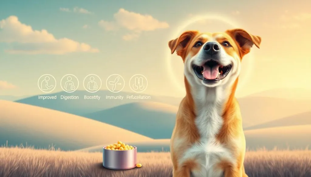 A vibrant and informative illustration showcasing the benefits of probiotics for dogs. In the foreground, a cheerful dog happily consuming a probiotic supplement, with a glowing halo effect highlighting the health benefits. In the middle ground, a series of icons depicting improved digestion, boosted immunity, and reduced inflammation. The background features a soothing, pastel-toned landscape with rolling hills, a serene sky, and subtle probiotic-themed patterns, creating a calming and educational atmosphere. The lighting is soft and diffused, capturing the warmth and natural essence of the scene. Captured with a wide-angle lens to provide a comprehensive and visually engaging depiction of the topic.
