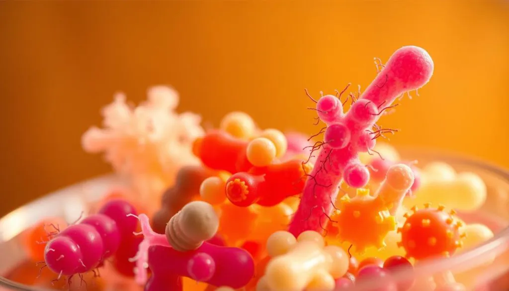 A vibrant close-up photograph of several probiotic strains, each with distinct shapes and colors, against a soft, out-of-focus background. The bacterial cultures are shown in a petri dish or glass container, illuminated by warm, natural lighting that creates a sense of depth and texture. The image emphasizes the diversity and complexity of the probiotic microbes, conveying the idea of a healthy gut ecosystem for puppies and adult dogs. The composition is balanced, with the foreground elements in sharp focus and the background gently blurred, drawing the viewer's attention to the essential details.