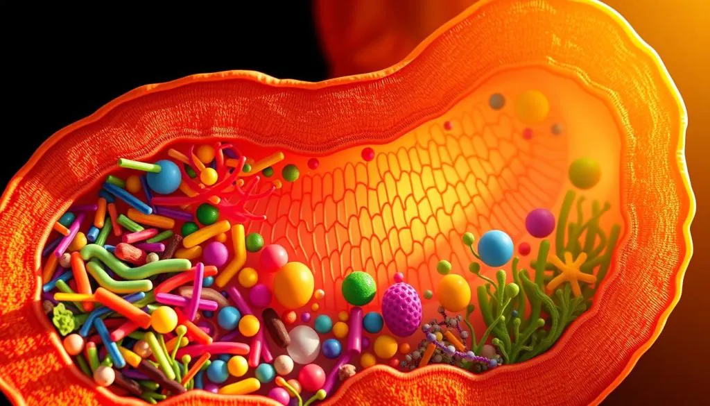 A vibrant, cross-sectional illustration of a puppy's gut microbiome. In the foreground, a detailed rendering of diverse gut flora - colorful, rod-shaped bacteria, spherical probiotics, and other microorganisms thriving in a lush, textured intestinal environment. The middle ground showcases the intricate network of intestinal villi, delicately rendered with a soft, diffused light. In the background, a subtly patterned, semi-transparent layer depicts the overall gut structure, providing context and depth. The scene is illuminated by a warm, natural lighting that casts gentle shadows, creating a sense of depth and dimensionality. The overall mood is one of scientific curiosity and wonder, inviting the viewer to explore the hidden world within a puppy's developing digestive system.