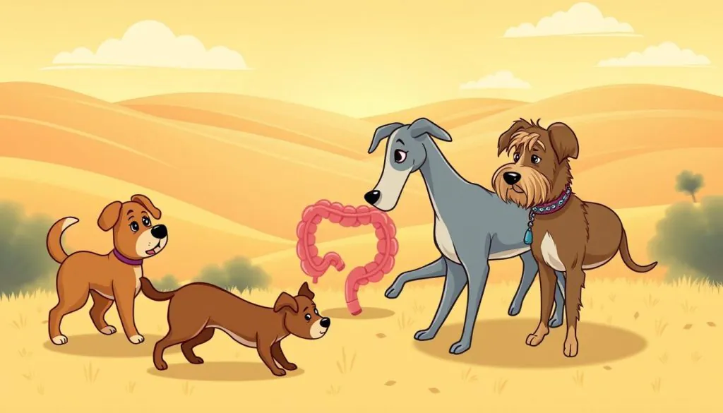 A vibrant, detailed illustration of the gut immune system in the form of cartoon dogs. In the foreground, a pack of playful, anthropomorphized canines representing various immune cells: a stocky bulldog as a macrophage, a sleek greyhound as a lymphocyte, and a shaggy terrier as a dendritic cell. In the middle ground, the dogs interact with a stylized intestinal tract, sniffing and exploring its winding pathways. The background features a warm, golden-hued landscape, with rolling hills and a cloudless sky, conveying a sense of health and vitality. The scene is bathed in soft, diffused lighting, creating a whimsical, educational atmosphere.