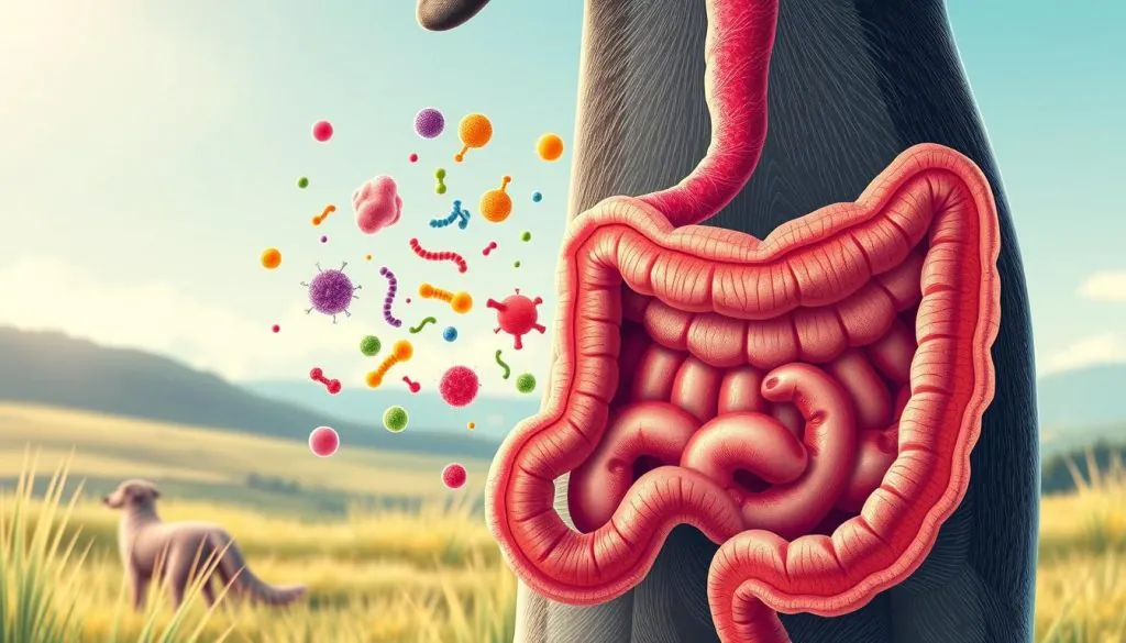A vibrant, detailed illustration showcasing the inner workings of a healthy dog's gut. The foreground features a cross-section of the intestines, with intricate textures and patterns representing the various layers of the digestive tract. The middle ground highlights the presence of beneficial gut bacteria and probiotics, depicted as colorful, organic shapes. In the background, a soothing, natural landscape sets the scene, with soft lighting and a calming atmosphere to convey the importance of supporting a dog's gut health. The composition is carefully balanced, drawing the viewer's attention to the key elements that contribute to a dog's overall digestive well-being.
