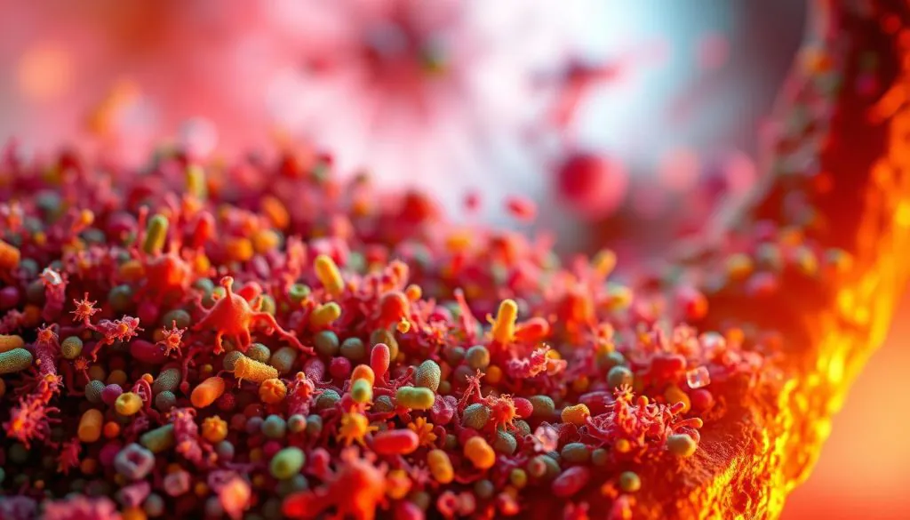 A vibrant microscopic landscape depicting the diverse microbial inhabitants of the canine gut. In the foreground, a dynamic array of colorful bacterial cells, their intricate structures and shapes visible under the lens. In the middle ground, a network of interconnected microbiomes, their interactions and symbiotic relationships on full display. The background features a softly blurred, almost ethereal backdrop, hinting at the complex and mysterious nature of the gut microbiome. Warm, natural lighting illuminates the scene, casting a gentle glow and conveying a sense of wonder and scientific inquiry. The composition is balanced, with a focus on the microbial diversity and the intricate web of life thriving within the canine digestive system.