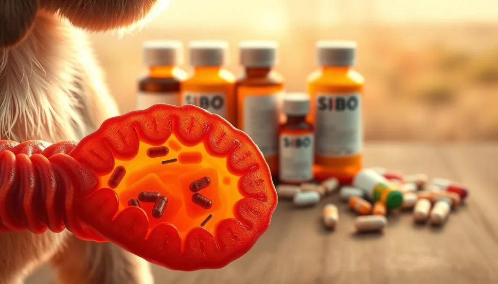 A vibrant, photorealistic image of a dog's gut, with a focus on the effects of SIBO (Small Intestinal Bacterial Overgrowth) and antibiotics. In the foreground, a detailed cross-section of the small intestine, showcasing the intricate network of villi and the disruption caused by SIBO. In the middle ground, a series of antibiotics bottles and pills, representing the common treatment approach. In the background, a muted, soft-focused landscape of the dog's digestive system, conveying a sense of the complex and delicate balance within. The lighting is warm and natural, capturing the organic nature of the subject matter. The overall mood is one of scientific investigation and understanding, inviting the viewer to explore the intricacies of gut health in dogs.
