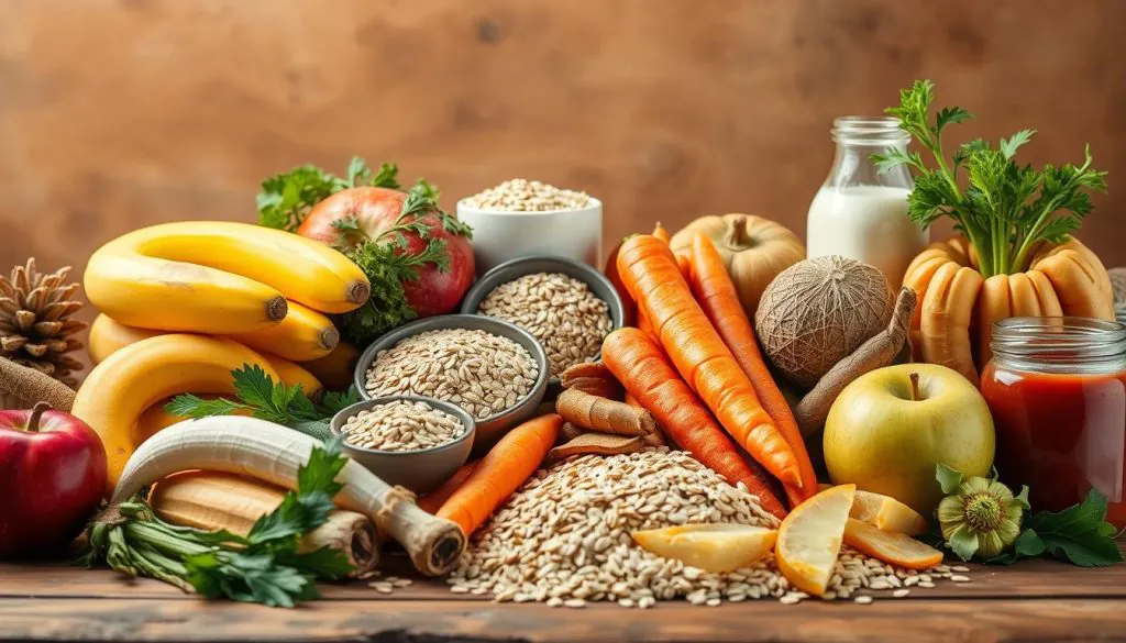 A vibrant still life arrangement of the best natural prebiotic foods for dogs, bathed in warm, soft lighting and captured from a slightly elevated angle. In the foreground, an assortment of fiber-rich fruits and vegetables, including bananas, apples, carrots, and chicory root. In the middle ground, whole grains such as oats and barley, and fermented foods like kefir and sauerkraut. The background features earthy tones, with a hints of greenery to evoke a sense of nourishment and vitality. The composition is balanced and visually appealing, highlighting the bounty of prebiotic-rich ingredients that can support a healthy gut microbiome in canine companions.
