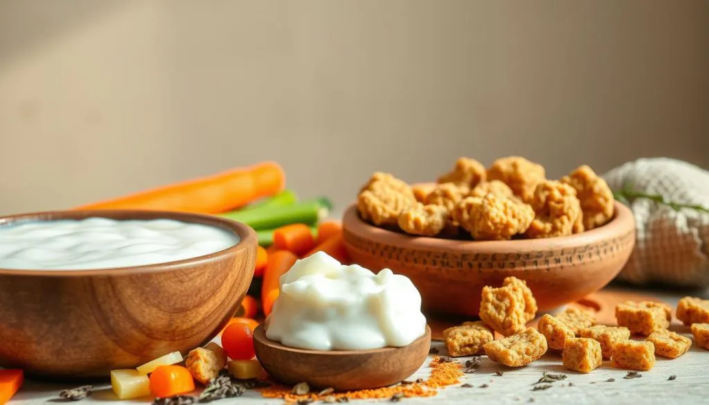 A vibrant still life scene depicting an assortment of fermented dog foods. In the foreground, a wooden bowl holds a scoop of probiotic-rich kefir, its tangy aroma filling the air. Surrounding it, an array of colorful ingredients - sliced carrots, chunks of fermented vegetables, and a sprinkling of dried herbs. In the middle ground, a rustic clay dish showcases crunchy, nutrient-dense fermented treats, their earthy hues accented by the warm, natural lighting. The background features a simple, neutral backdrop, allowing the vibrant colors and textures of the fermented foods to take center stage. The overall composition conveys a sense of health, vitality, and the nourishing benefits of incorporating these probiotic-rich ingredients into a dog's diet.