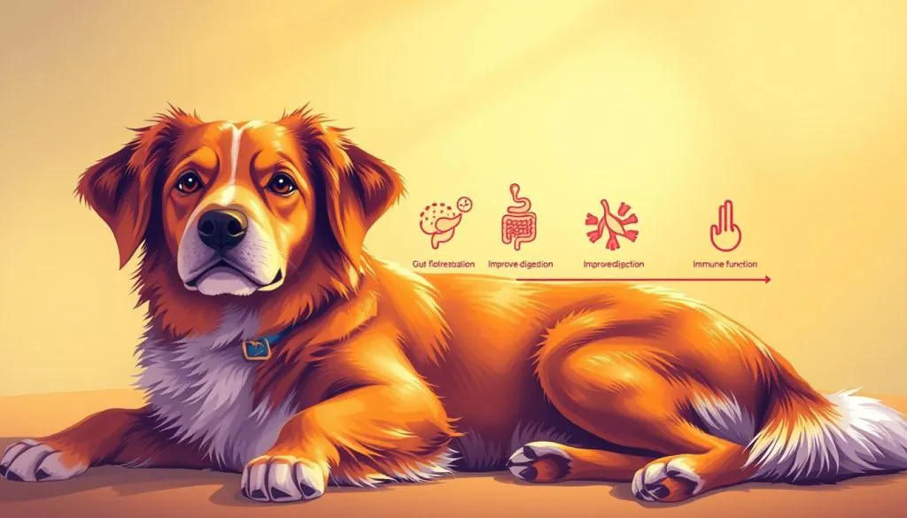 A vibrant, warm-toned illustration depicting the timeline of probiotics taking effect in a dog's digestive system. In the foreground, a playful canine rests comfortably, their coat shiny and vibrant. In the middle ground, a series of illustrated icons represent the progressive stages of probiotic action - from gut flora restoration, to improved digestion, and enhanced immune function. The background features a soothing gradient, evoking a sense of wellness and vitality. Soft, diffused lighting casts a gentle glow, creating an atmosphere of tranquility and natural healing.