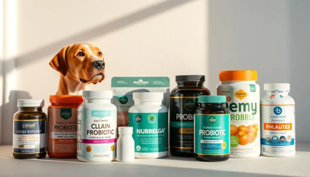 A visually appealing array of high-quality probiotic supplements for dogs, arranged in an elegant and informative still life composition. The products are displayed against a soft, neutral background, allowing them to take center stage. Gentle natural lighting from the side casts subtle shadows, adding depth and dimension. The packaging features bold, eye-catching designs that convey the premium quality and health benefits of the supplements. The overall aesthetic is clean, modern, and inviting, capturing the essence of the "best dog probiotics" concept.