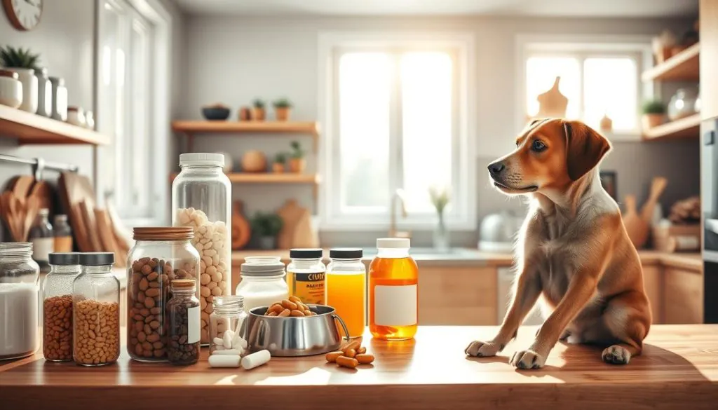A well-lit, bright and airy kitchen interior with a wooden countertop and shelves. On the counter, an assortment of glass jars and bottles containing various supplements - powders, capsules, and liquids. Nearby, a dog bowl and a bag of dog food. The dog is sitting attentively, observing the scene. Natural light streams in through large windows, casting a warm glow over the space. The overall atmosphere is calm, organized and informative, inviting the viewer to explore the different supplement options for their canine companion.