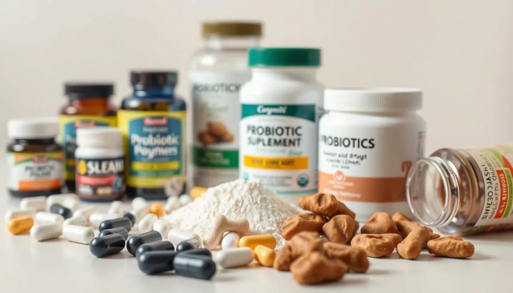 A well-lit, close-up photograph of various probiotic supplements for dogs, arranged neatly on a clean, light-colored surface. The supplements should be in different forms, such as capsules, powders, and chews, showcasing the diversity of available options. The image should have a crisp, professional appearance, with a shallow depth of field to emphasize the products. The lighting should be soft and diffused, creating a warm, inviting atmosphere. The overall composition should convey a sense of safety, reliability, and attention to detail, reflecting the "safe dosing" aspect of the topic.