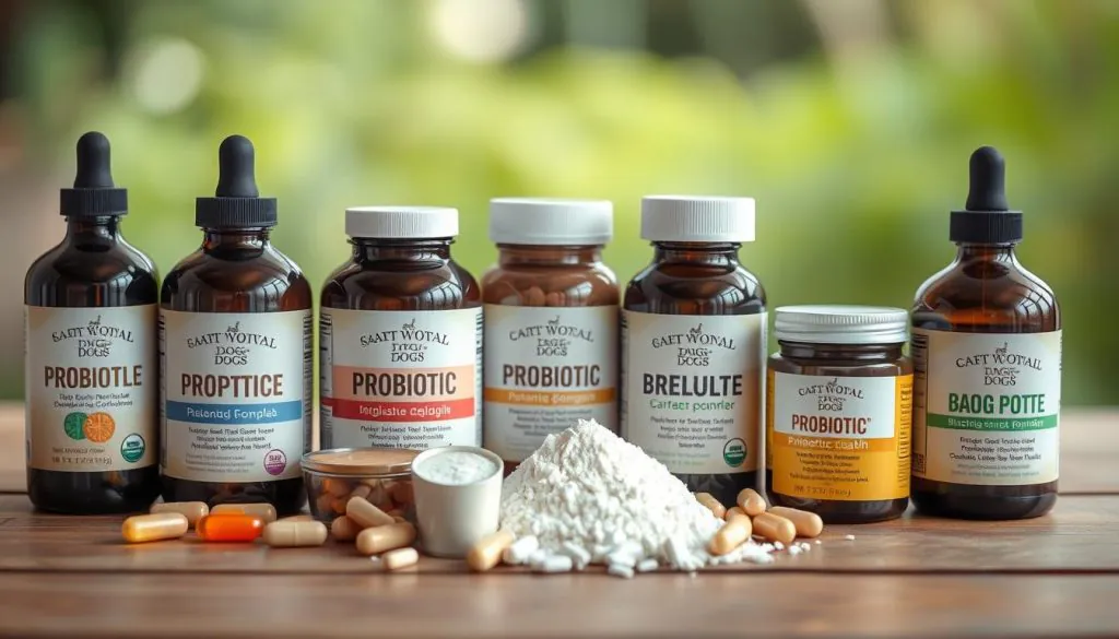 A well-lit, close-up shot of an assortment of dog probiotic supplements on a wooden table. Various shapes and sizes of capsules, powders, and liquid formulas are neatly arranged, showcasing the different types of probiotics available for canine health. The image has a clean, clinical aesthetic, with a soft, diffused lighting that accentuates the natural textures and colors of the products. The focus is on the probiotic items, with a blurred background suggesting a serene, natural setting. The overall mood is one of professionalism, safety, and care for the dog's well-being.