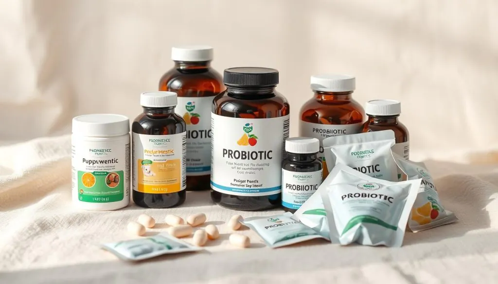 A well-lit, closeup product shot of an assortment of high-quality probiotic supplements for puppies, arranged artfully on a soft, neutral-colored surface. The supplements are displayed in various containers like bottles, jars, and sachets, showcasing their diverse forms. The scene conveys a sense of health, purity, and quality, with a crisp, clean aesthetic that aligns with the topic of the article. The lighting is soft and diffused, creating gentle shadows and highlights that accentuate the product details. The angle is slightly elevated, providing an inviting, almost eye-level perspective.