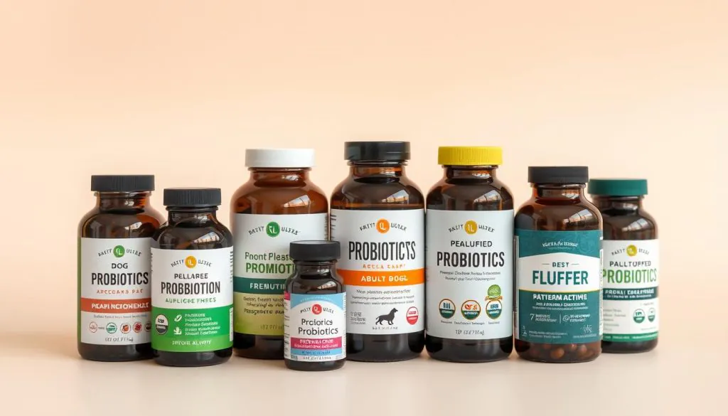 A well-lit, high-quality photograph of an assortment of probiotics supplements for adult dogs, arranged neatly on a clean, neutral-colored background. The products should be clearly visible, showcasing their bottles, labels, and key ingredients. Capture the supplements from a frontal angle, using a shallow depth of field to emphasize the focal point. The lighting should be soft and even, creating a professional, appealing atmosphere. The overall composition should be balanced and visually appealing, highlighting the diverse range of probiotics options available for mature canine companions.