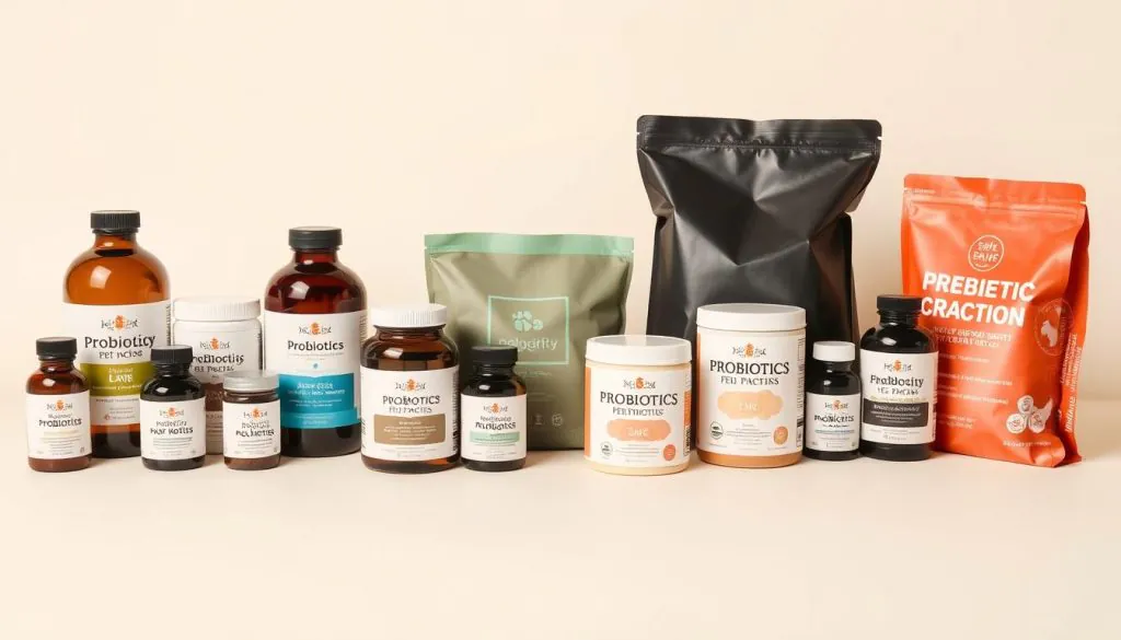 A well-lit, high-resolution image of an assortment of dog probiotics products, including bottles, jars, and bags, arranged neatly on a plain, light-colored background. The products should be presented in a clean, minimalist style, showcasing their packaging and branding. The image should have a calm, professional atmosphere, conveying the idea of responsible, informed pet care. The camera angle should be slightly elevated, providing a clear, unobstructed view of the products. Lighting should be soft and diffused, creating subtle shadows and highlights to enhance the product details.